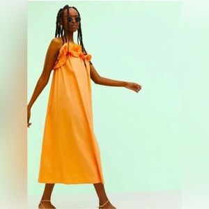 H&M Ruffle Cocktail Dress Women’s M Orange Cotton Poplin Tropical Whimsical Fun